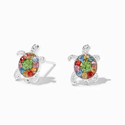Silver Turtle Rainbow Stone Stud Earrings