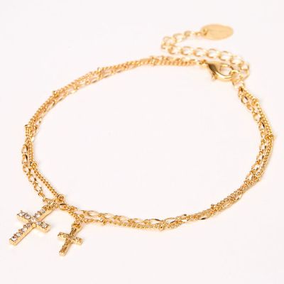 Gold Embellished Cross Chain Anklets - 2 Pack