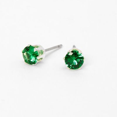 Silver Round Cubic Zirconia Stud Earrings - 5MM, Green