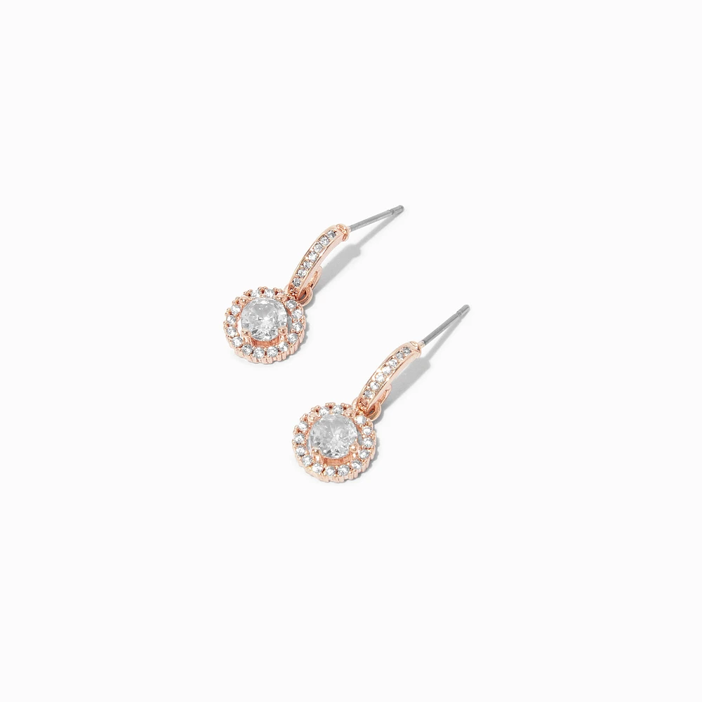 Rose Gold-tone Cubic Zirconia Halo Drop Earrings