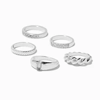 Silver-tone Chunky Stone & Twisted Rings - 5 Pack