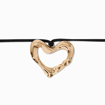 Gold-tone Textured Heart Pendant Black Cord Choker Necklace