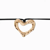 Gold-tone Textured Heart Pendant Black Cord Choker Necklace