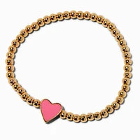 Pink Heart Charm Gold-tone Shot Bead Stretch Bracelet