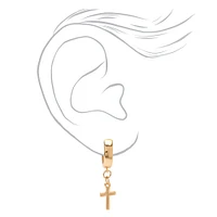 Gold 15MM Cross Huggie Hoop Earrings