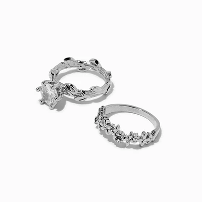 Silver-tone Cubic Zirconia Leaf Rings - 2 Pack