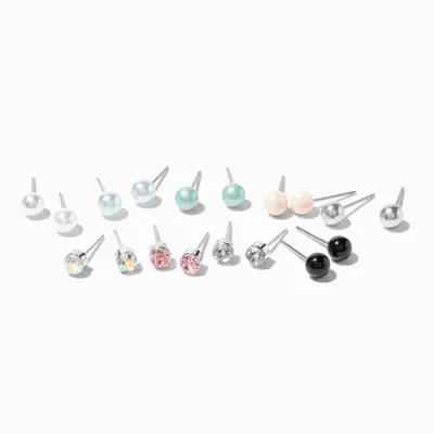 Pearl & Crystal Stud Earrings - 9 Pack