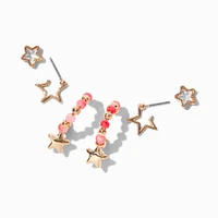 Gold-tone Pink Beaded Star Earring Stackables Set - 3 Pack