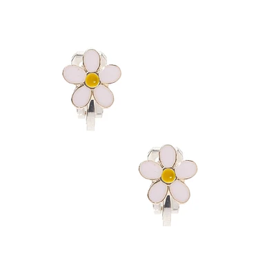 Silver Daisy Clip On Earrings - White