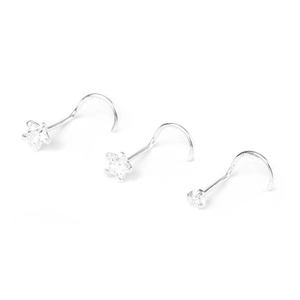 22G Sterling Silver Hearts & Stars Nose Studs - 3 Pack