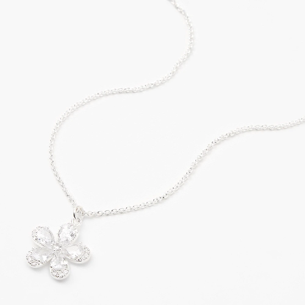 Silver-tone Cubic Zirconia Flower Pendant Necklace