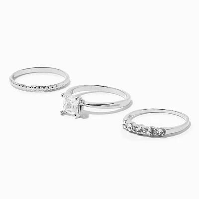 Silver Cubic Zirconia Square Ring Set - 3 Pack