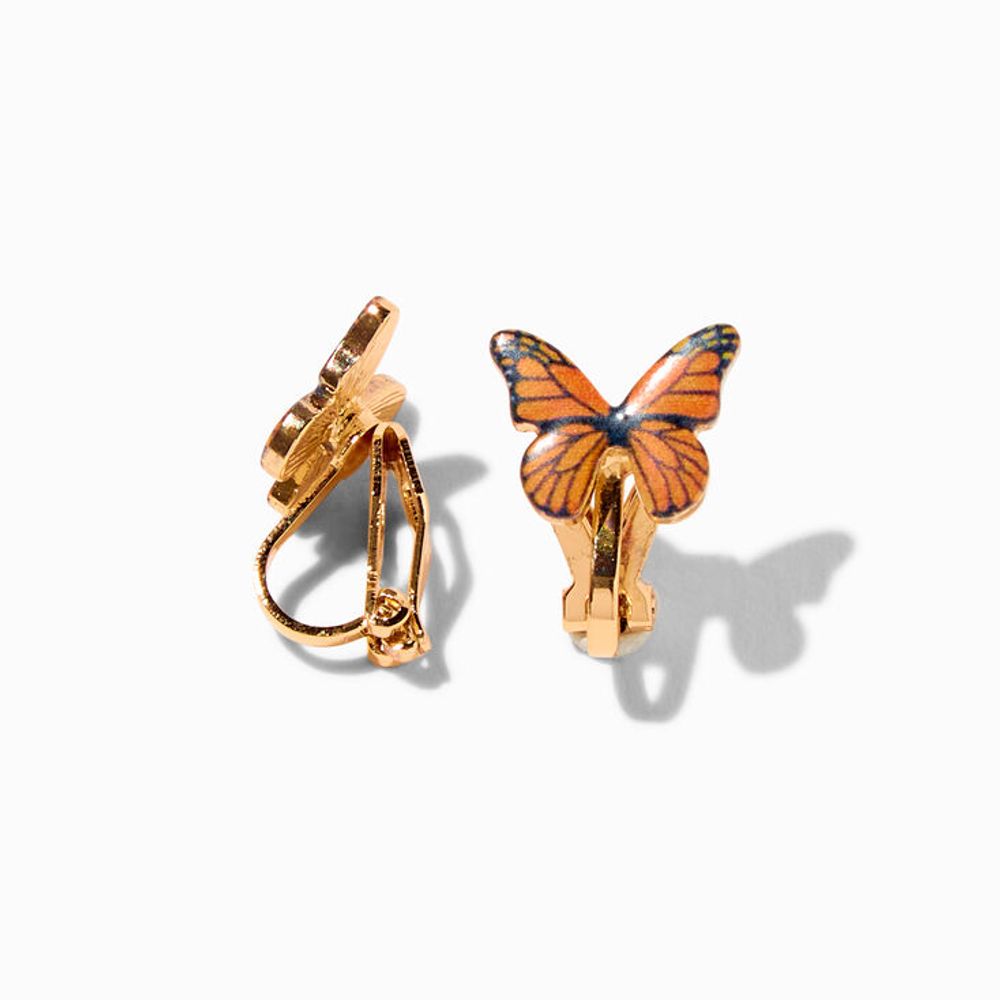 Gold Monarch Butterfly Clip On Stud Earrings