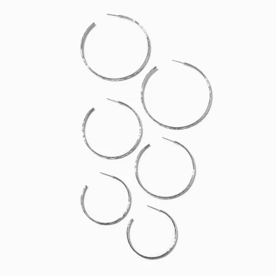 Silver-tone Graduated Hammered Hoop Earrings - 3 Pack