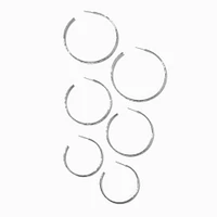 Silver-tone Graduated Hammered Hoop Earrings - 3 Pack