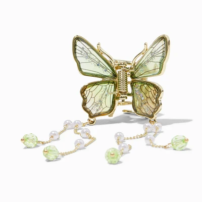 Gold-tone Green Butterfly Beaded Dangle Hair Claw