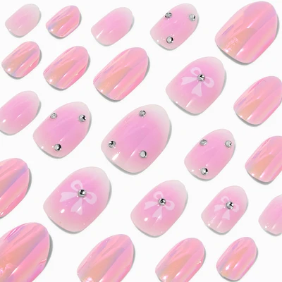 Pink Bow Chrome Stiletto Press On Vegan Faux Nail Set - 24 Pack