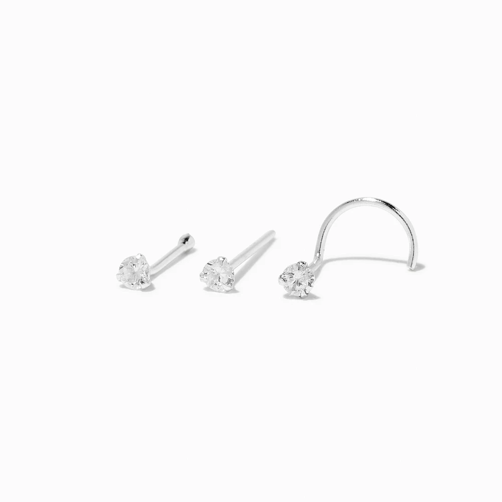 Sterling Silver Cubic Zirconia 22G Nose Studs - 3 Pack