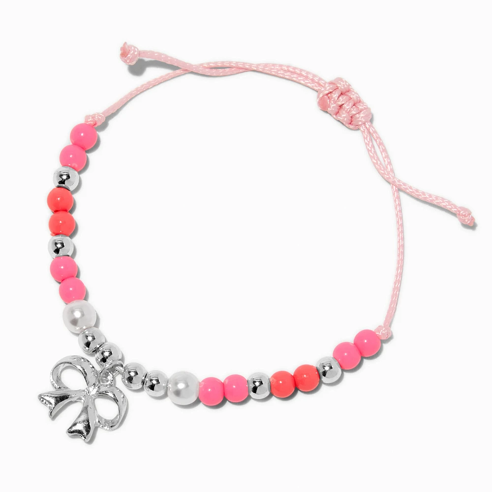 Silver-tone Bow Pink Beaded Adjustable Bracelet