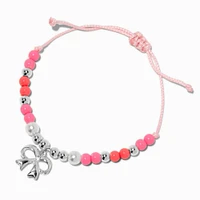 Silver-tone Bow Pink Beaded Adjustable Bracelet