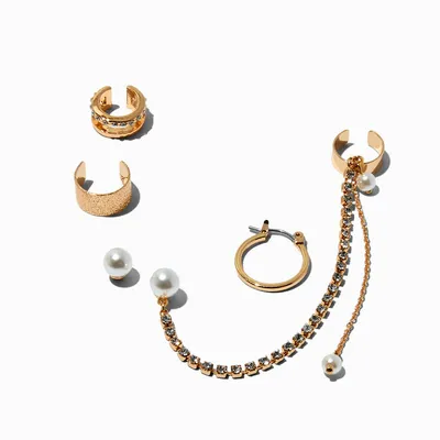 Gold-tone Pearl Hoop Connector Cuff Earrings Stackables - 5 Pack
