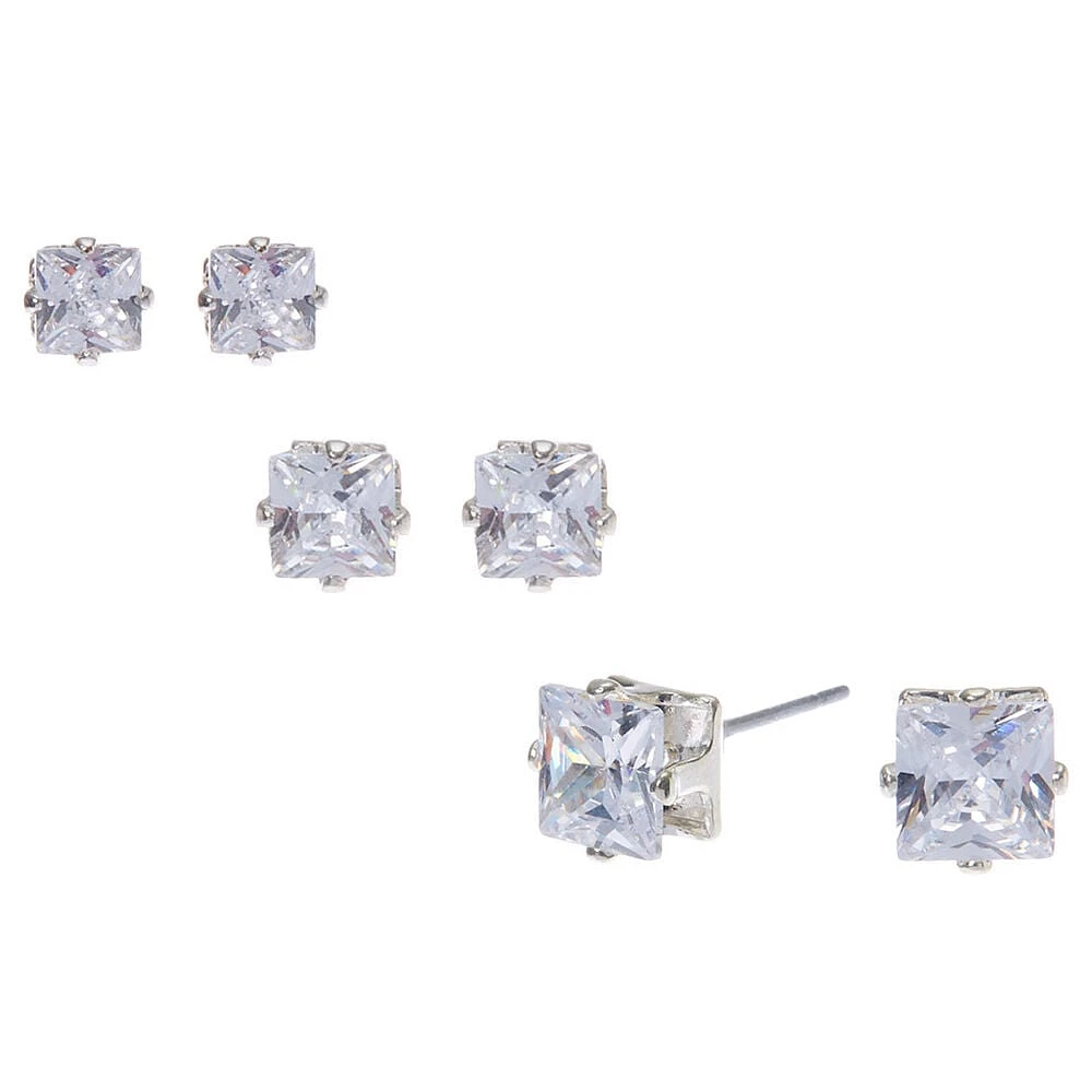 Silver-tone Cubic Zirconia 3MM, 4MM, 5MM Square Stud Earrings - 3 Pack