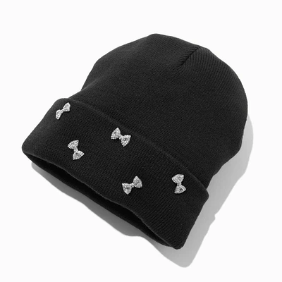 Rhinestone Bow Black Beanie Hat