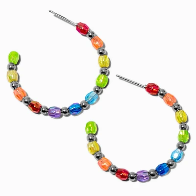 Silver-tone & Rainbow Beads Hoop Earrings