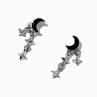 Black Crescent Moon & Stars Silver-tone Drop Earrings