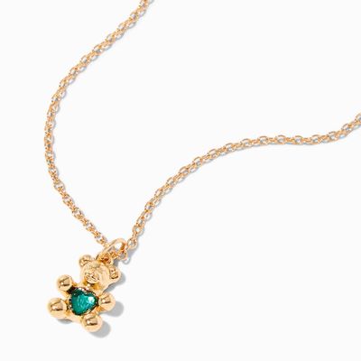Gold May Birthstone Teddy Bear Pendant Necklace