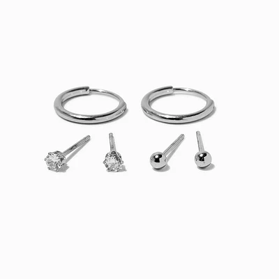 Silver-tone Stainless Steel Cubic Zirconia Earrings Set - 3 Pack