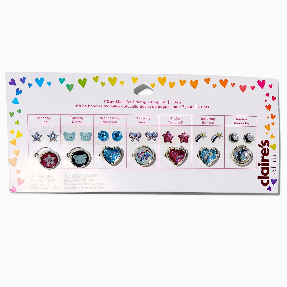 Claire's Club 7 Day Starry Stick On Earrings & Ring Set - 7 Pack