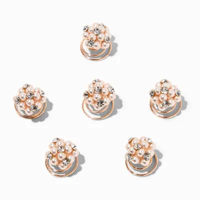 Rose Gold Pearl & Rhinestone Cluster Hair Spinners - 6 Pack