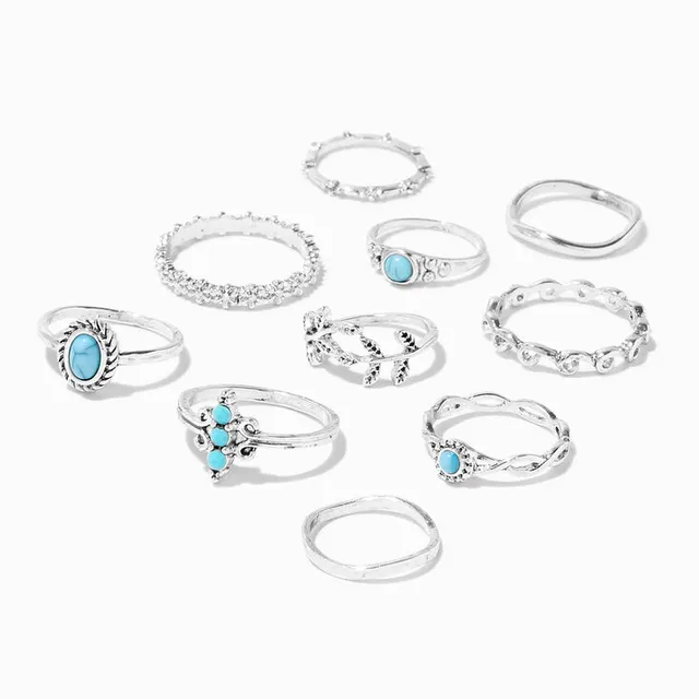 Silver Studded Assorted Ring Set - 8 Pack