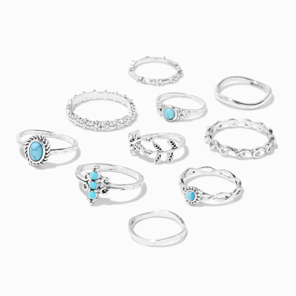 Silver & Turquoise Mixed Leaf Filigree Rings - 10 Pack