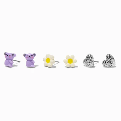 Sloth, Daisy, & Heart Stud Earrings - 3 Pack