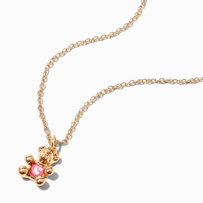 Gold October Birthstone Teddy Bear Pendant Necklace