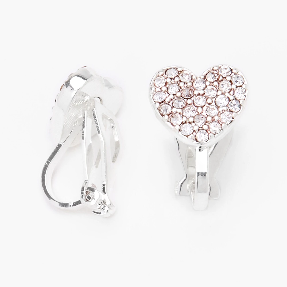 Silver Crystal Heart Clip-On Earrings