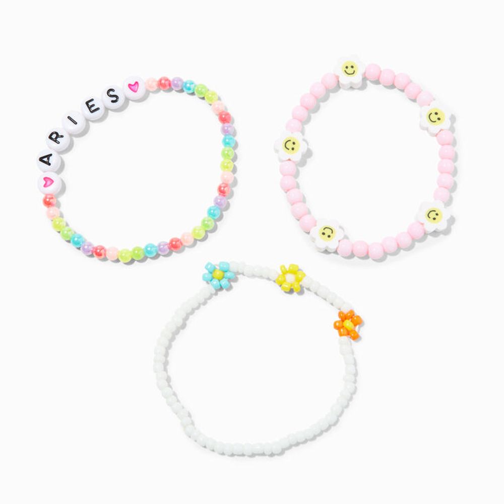 Zodiac Daisy Happy Face Beaded Stretch Bracelets - 3 Pack