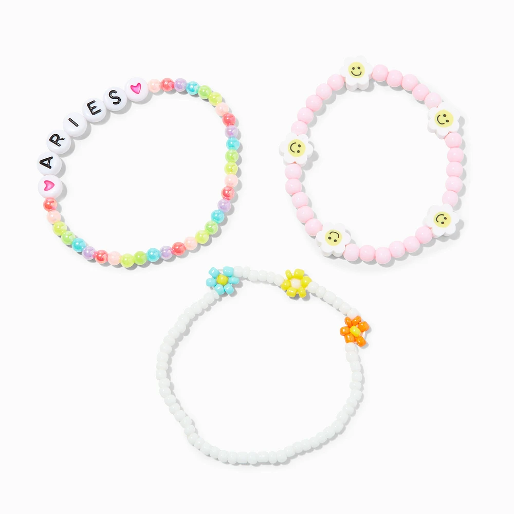 Zodiac Daisy Happy Face Beaded Stretch Bracelets - 3 Pack, Aries