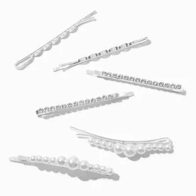 Silver Wave Pearl & Crystal Bobby Pins - 6 Pack