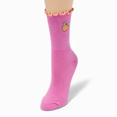 Embroidered Peach Dark Pink Crew Socks