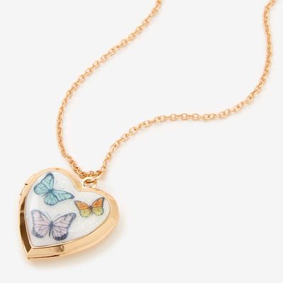 Gold Butterfly Heart Locket Pendant Necklace