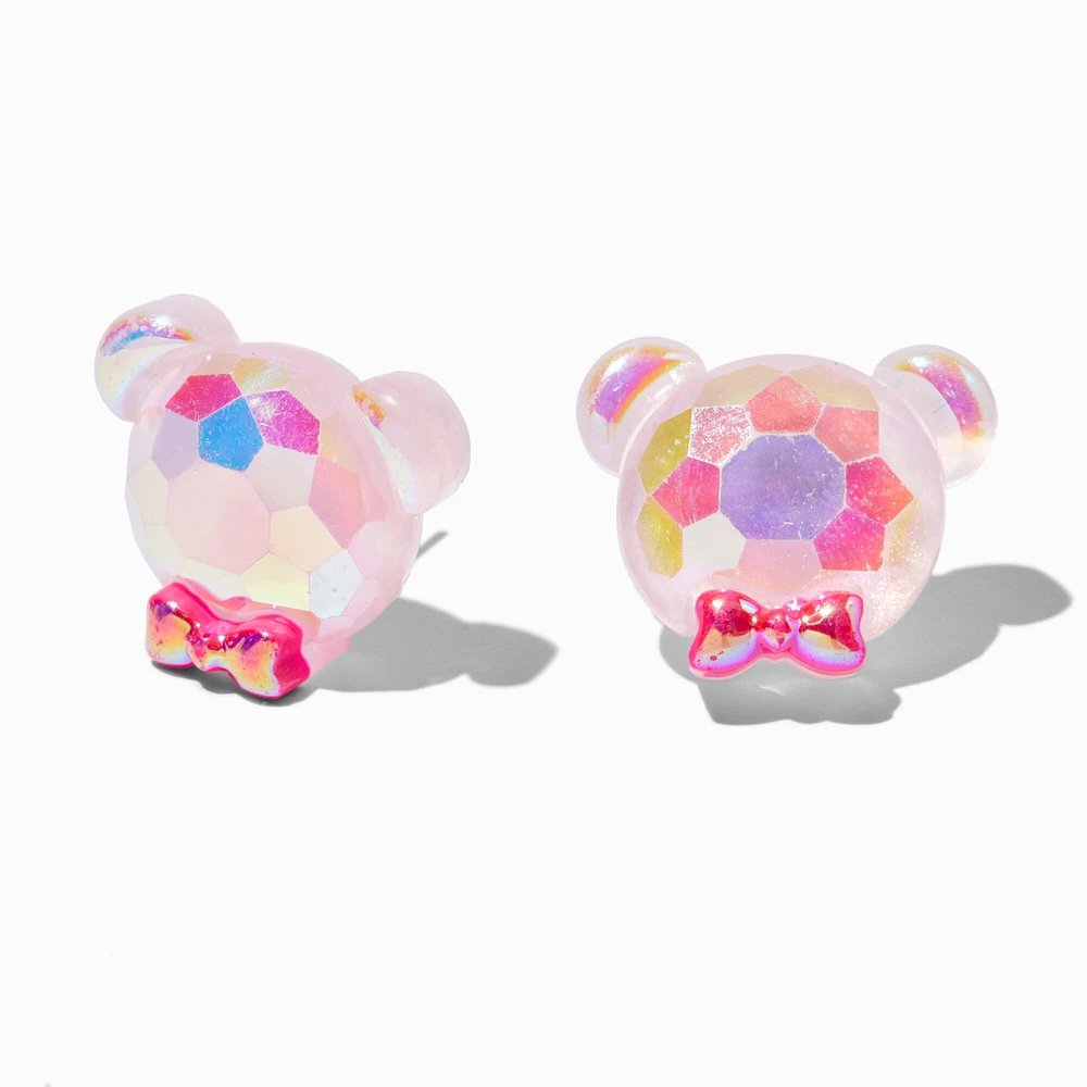 Pink Holographic Teddy Bear Stud Earrings