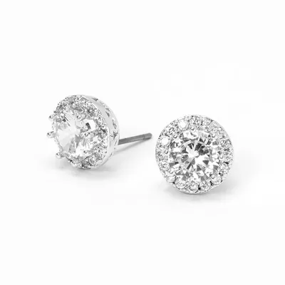 Silver Round Cubic Zirconia Halo Stud Earrings