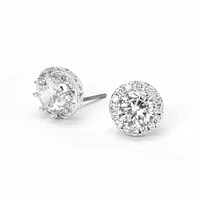 Silver Round Cubic Zirconia Halo Stud Earrings