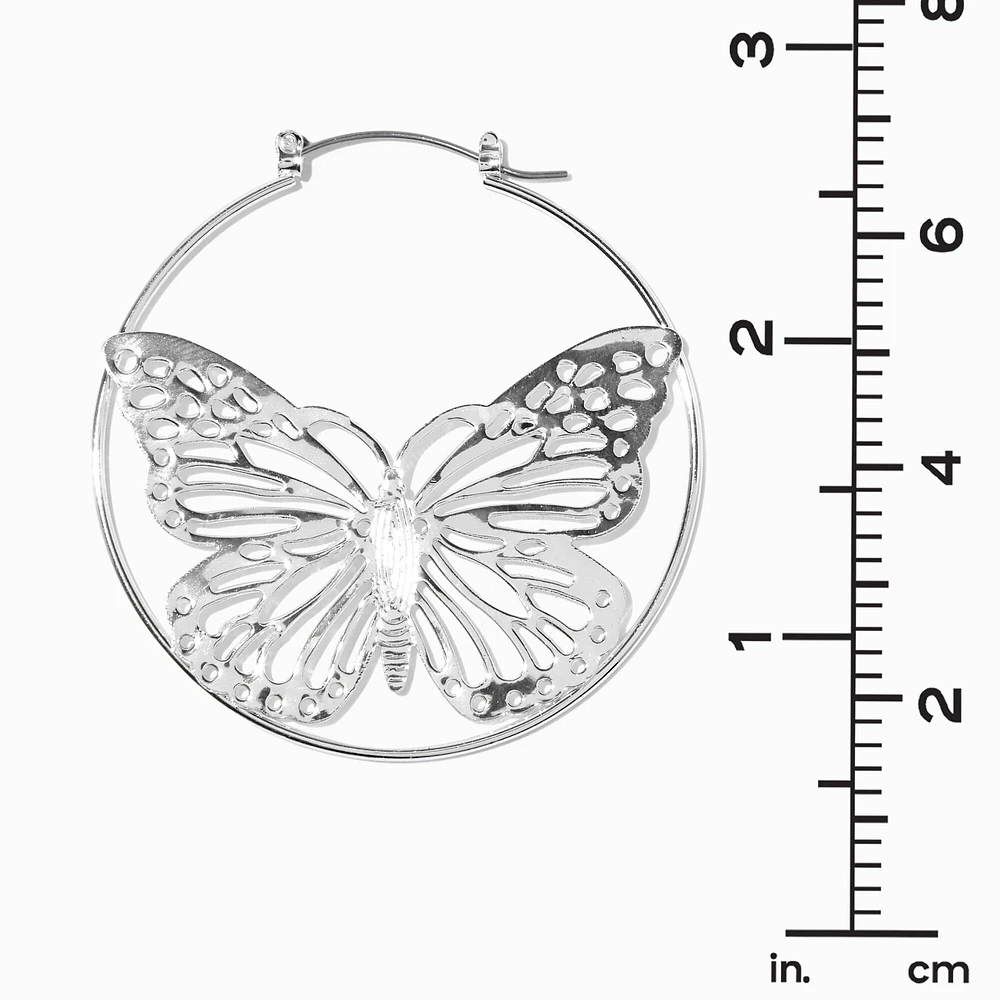 Silver-tone Filigree Butterfly 50MM Hoop Earrings