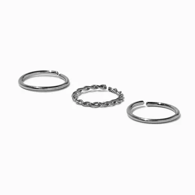 Silver-tone Titanium Braided & Smooth 20G Nose Hoop Rings - 3 Pack