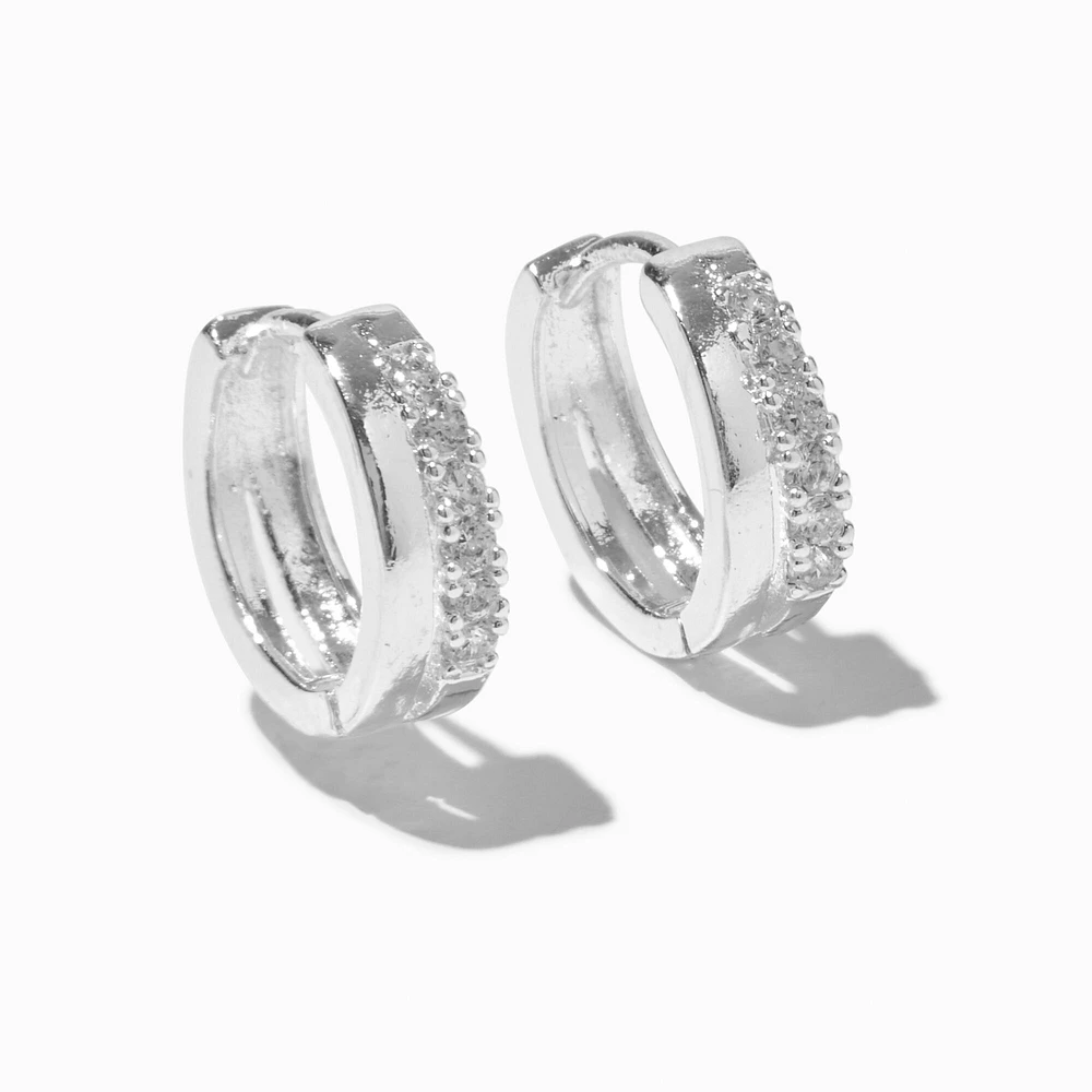 Silver-tone Cubic Zirconia 10mm Pavé Double Clicker Hoop Earrings