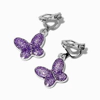 Purple Glitter Butterfly 1'' Clip-On Drop Earrings